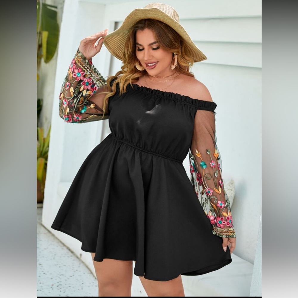 SHEIN x STAGECOACH Black Off-Shoulder Dress with Floral Sleeves